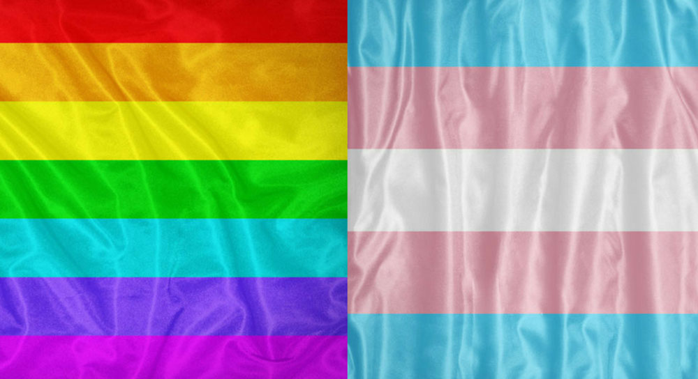 Two flags are shown side by side: rainbow and transgender