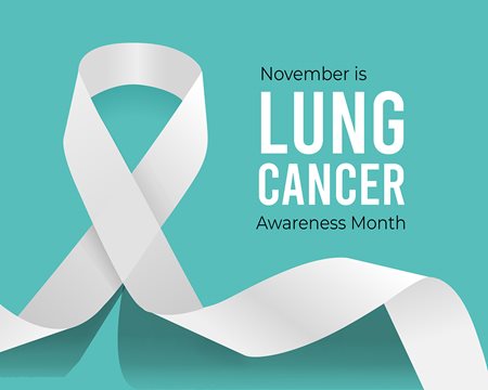 teal graphic with white text reading November is Lung Cancer Awareness Month