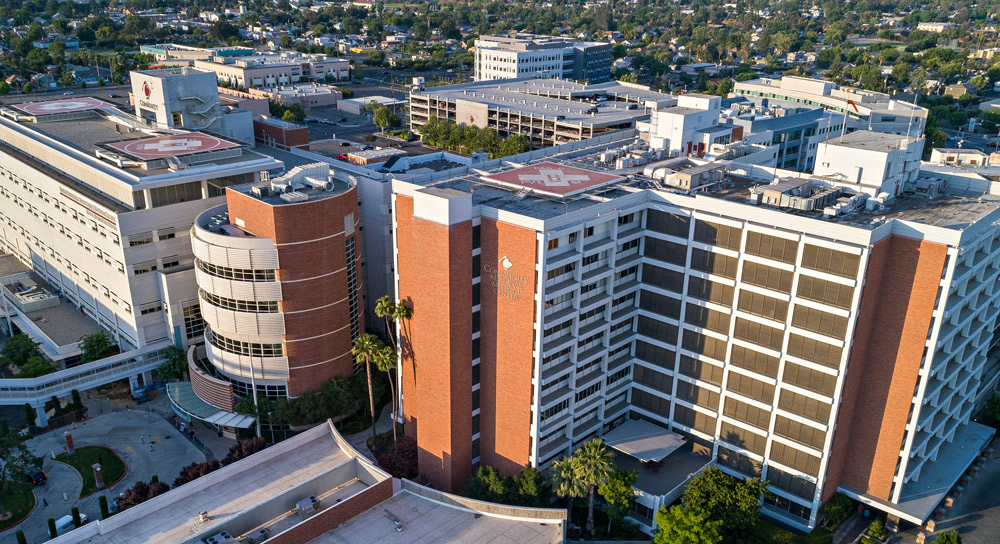 Drone shot shows exterior of Community Regional Hospital from above
