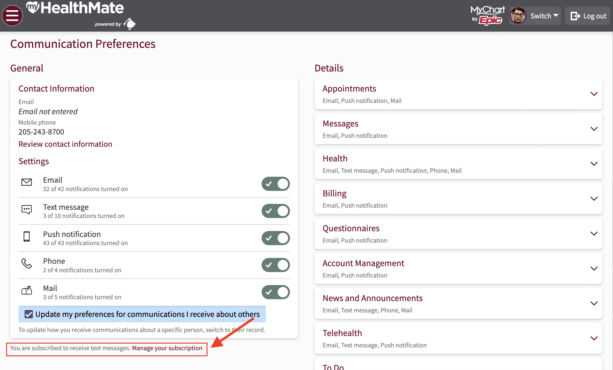 MyChart Communication Preferences