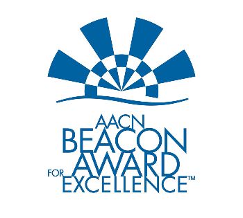 Blue graphic and text over white background. It reads "AACN Beacon Award for Excellence."